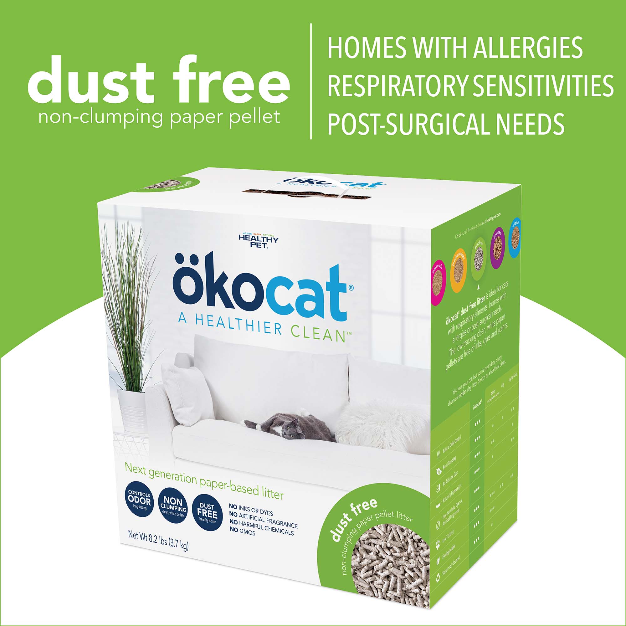 Okocat Dust Free Non Clumping Paper Pellet Cat Litter， 12.3 lbs.