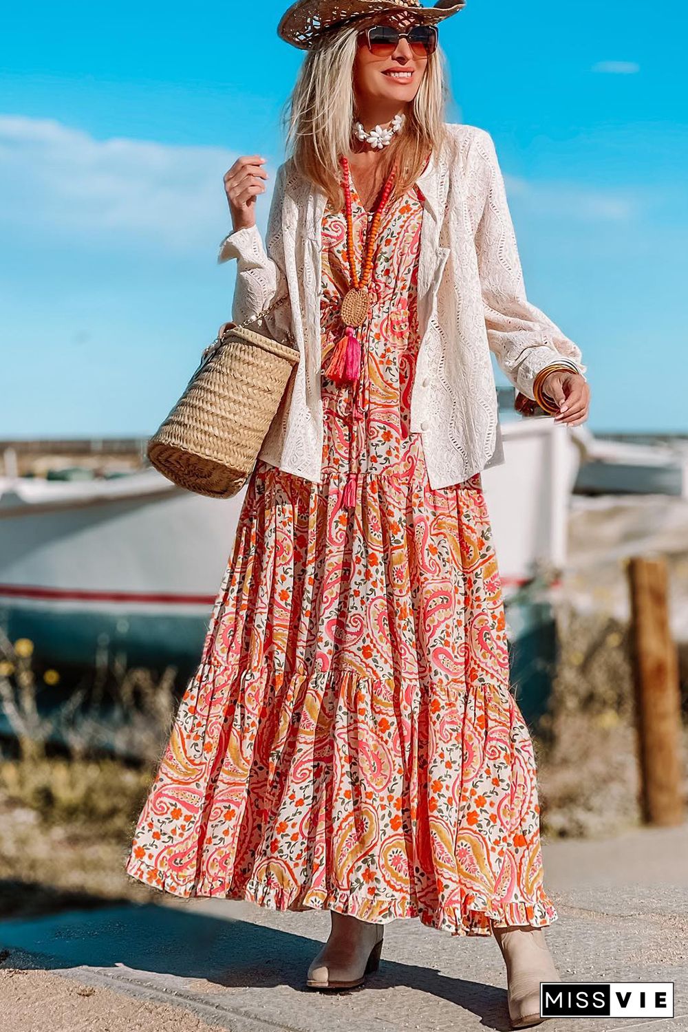 Orange Boho Holiday Paisley Print Tiered Long Sleeve Maxi Dress