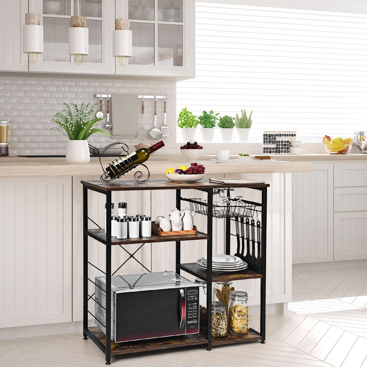 Giantex 3-Tier Kitchen Baker’s Rack， Utility Storage Shelf， Industrial Microwave Oven Stand Metal Frame w/Shelf， Wire Basket， Hooks， Coffee Bar Table Home Office， Brown