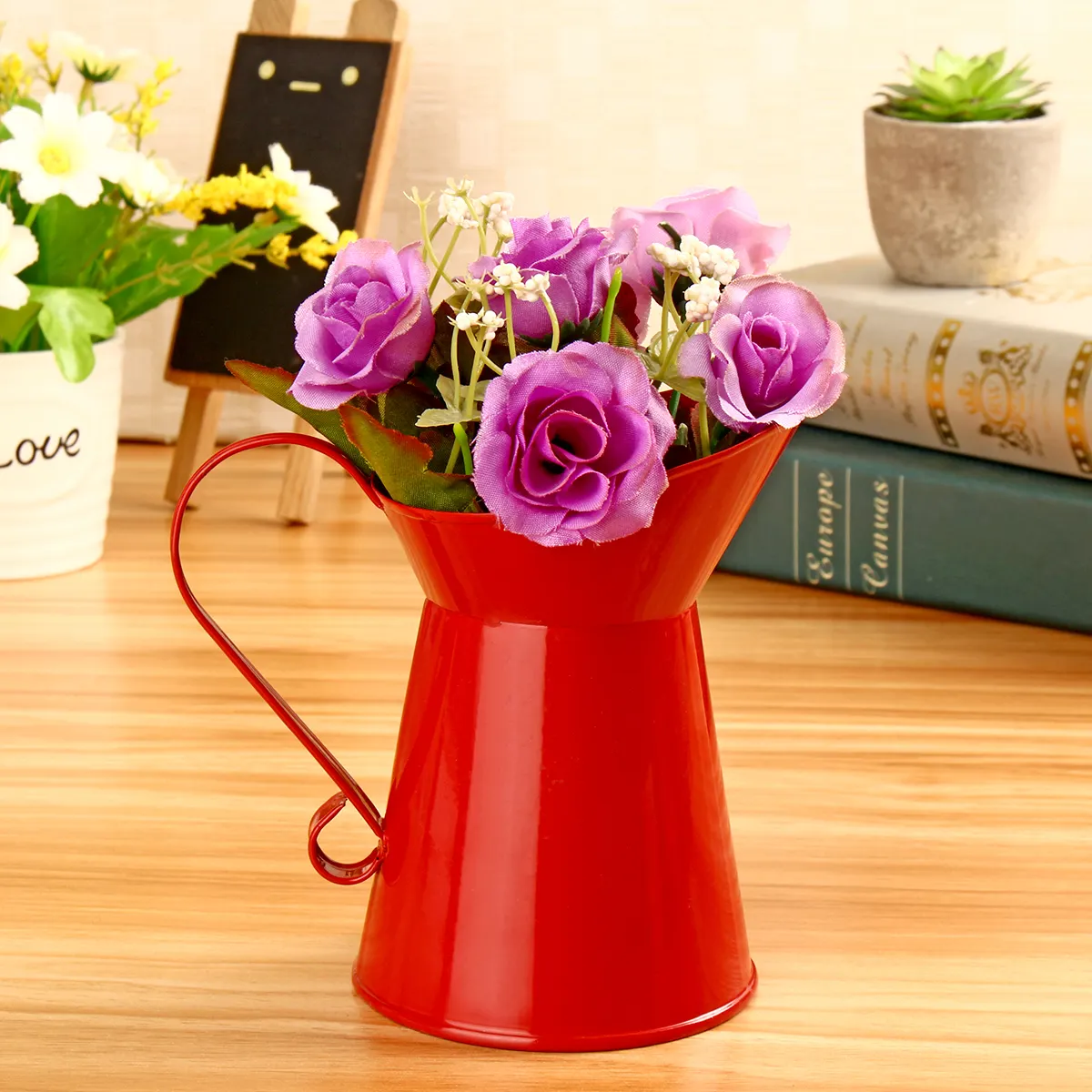 Hot sale cheap powder coated colorful floral watering jug with handle metal flower jug