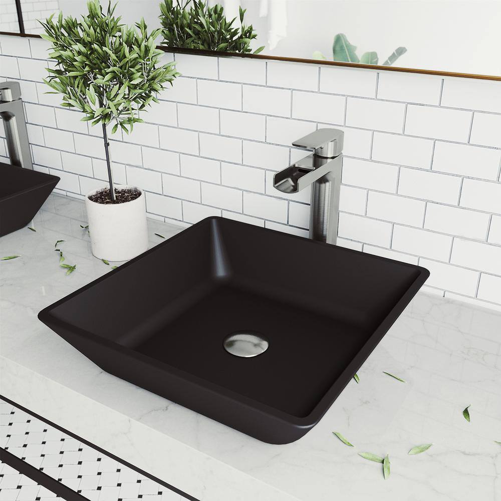 VIGO Roma Modern Black Matte Shell Glass 16 in. L x 16 in. W x 4 in. H Square Vessel Bathroom Sink VG07109