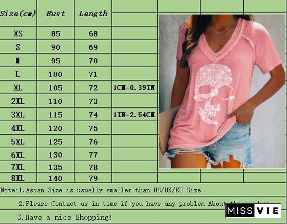 XS-5XL Plus Size Fashion Women Summer Casual Tops Short Sleeved T-shirts Deep V-neck Skull Printed Blouse Ladies Loose Shirts