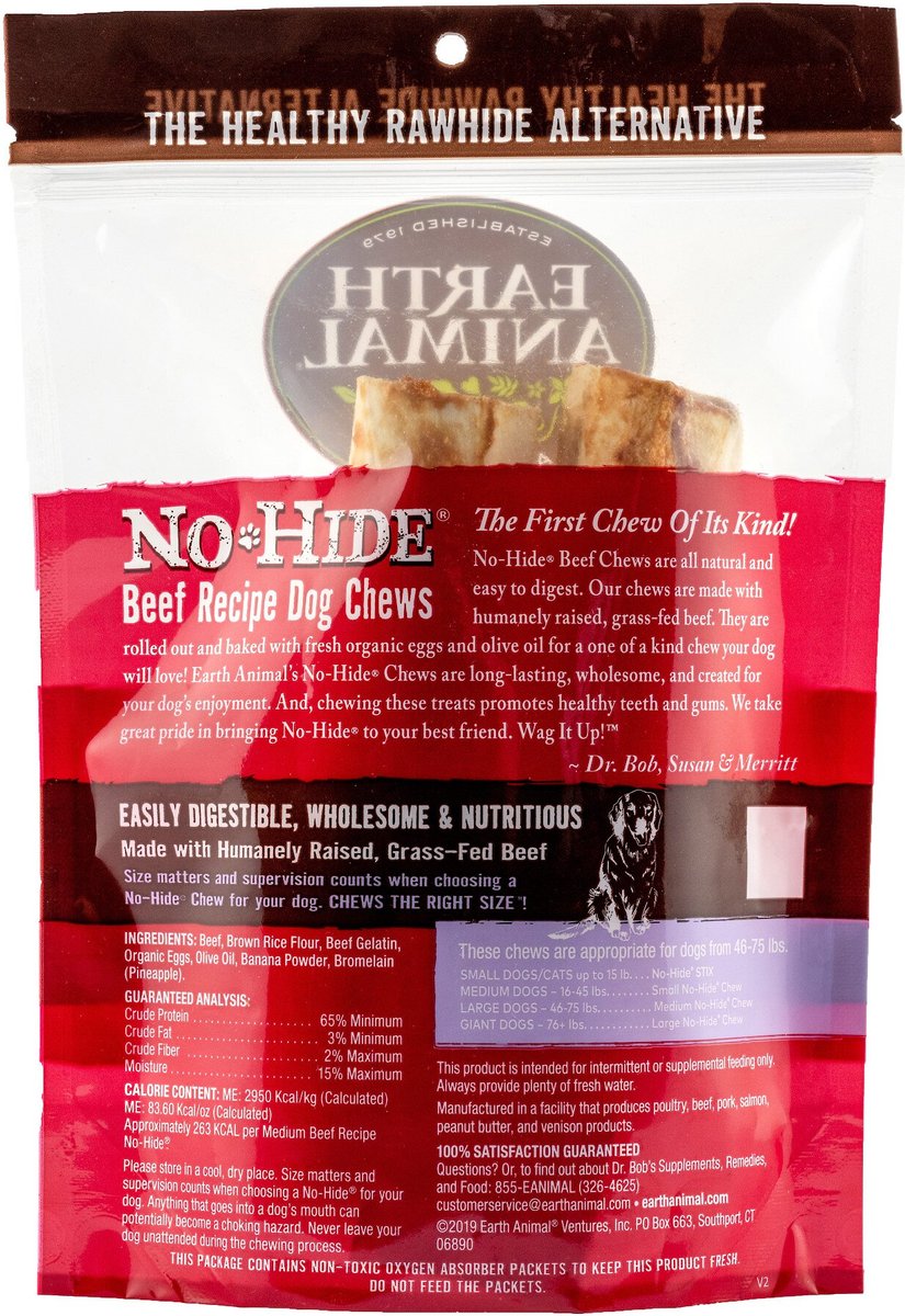 Earth Animal No-Hide Long Lasting Natural Rawhide Alternative Beef Recipe Medium Chew Dog Treats， 2 count