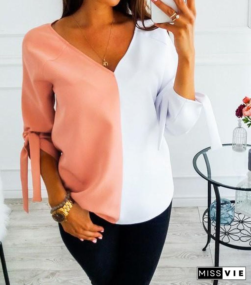 Solid Elegant V Neck Bow Color-Block T-shirts Tops