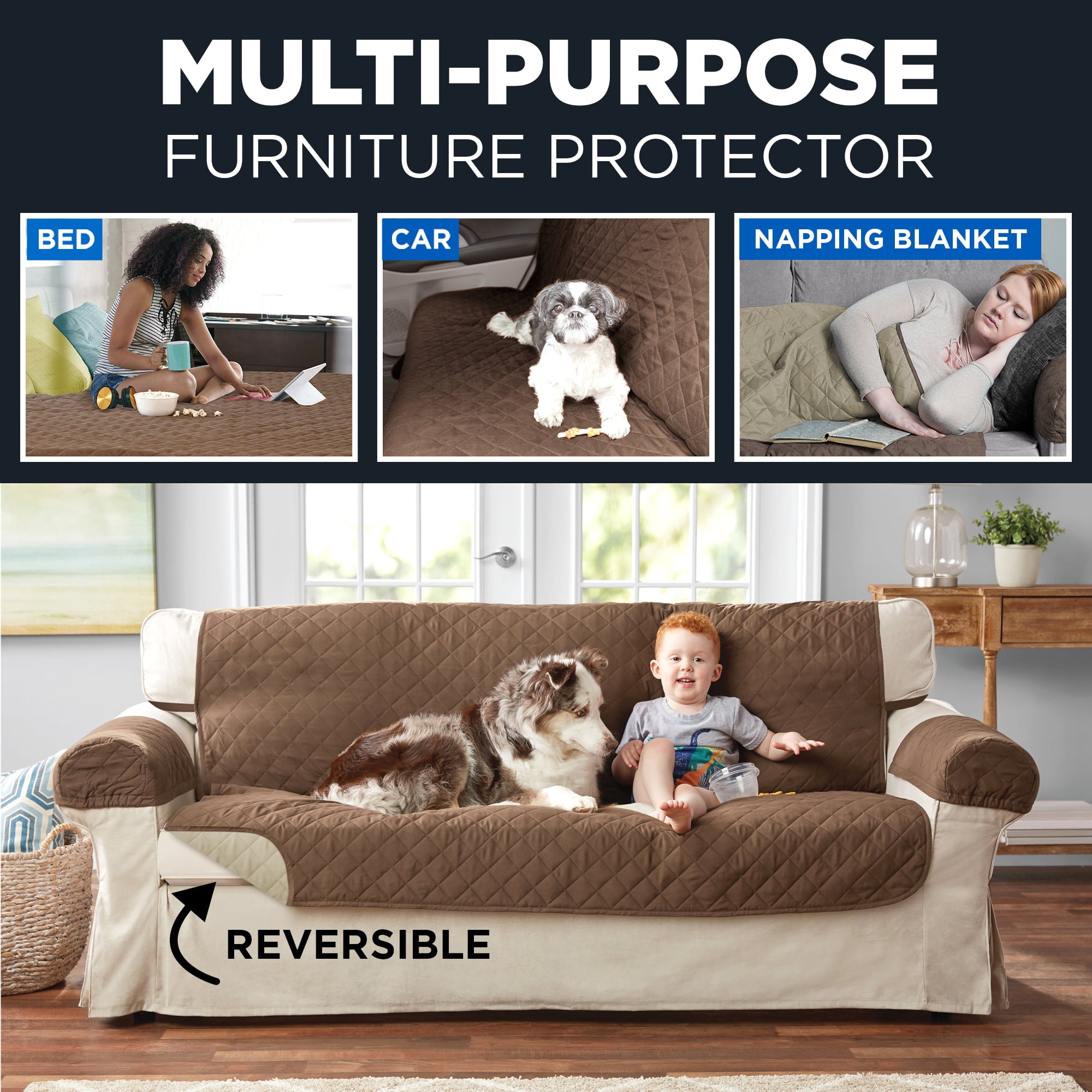 Mainstays Sofa Reversible Quilted Microfiber Pet Cover Multipurpose Furniture Protector, Tan/Brown, 3-Piece