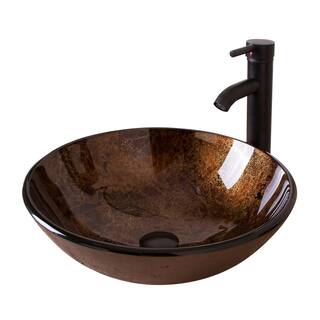 Flynama Solid Tempered Glass Round Bathroom Vessel Sink in Brown with Oil Rubbed Bronze Faucet and Chrome Pop-Up Drain USBR1001