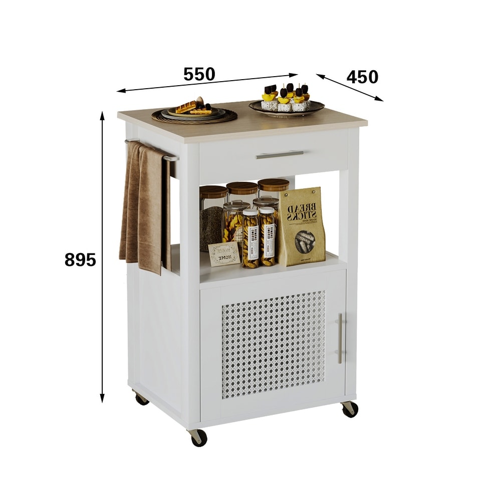 Rolling Rattan Kitchen Cart with Single Door Cabinet and Storage Shelf