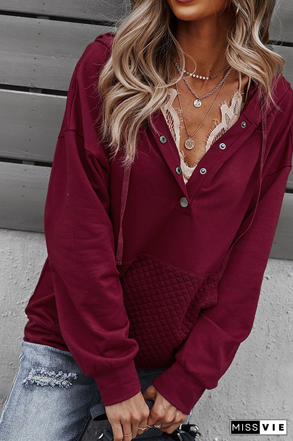 Buttoned Neck Hooded Cozy Sweatershirt Women Wholesale