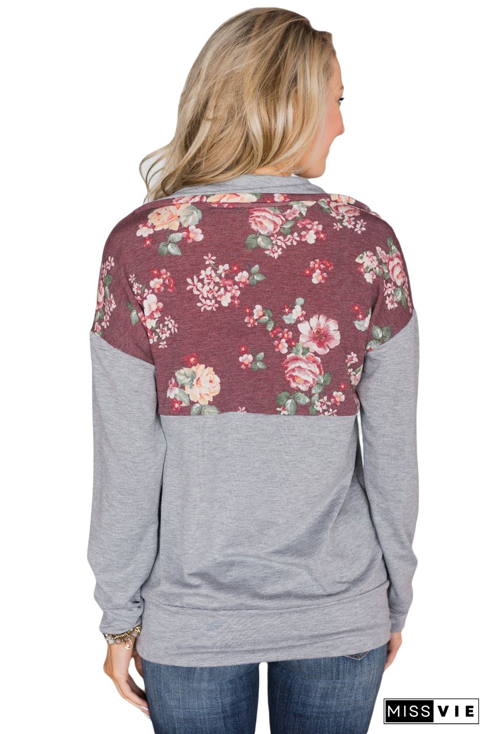 Floral Splice Grey Kangaroo Pocket Zip Collar Sweatshirt