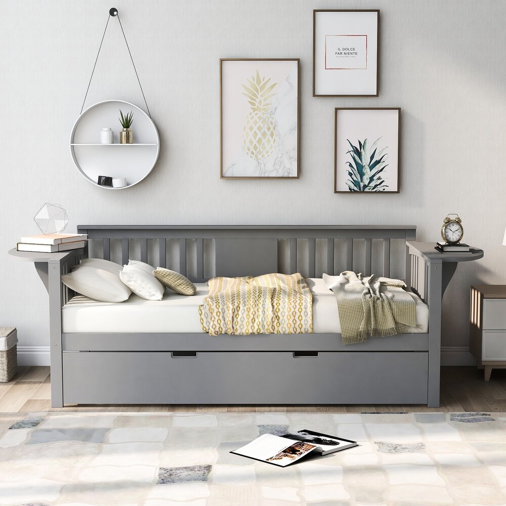 Twin Wooden Daybed Sofa Bed with 1 Trundle and 2 Extra Connected Small Coffee Table Shelf  Grey