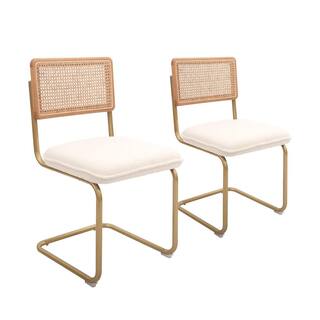 Modern Dining Accent Rattan Kitchen Armless Mesh Back Cane Chairs Upholstered with Metal Chrome Legs Set of 2 White CL-191622