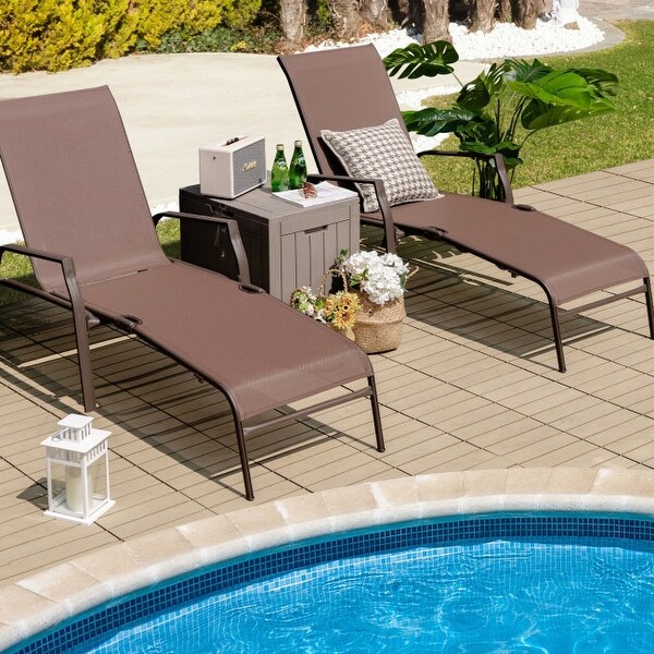 2 Pieces Patio Folding Chaise Lounge Chair Set with Adjustable Back-Brown - 63.5 x 28