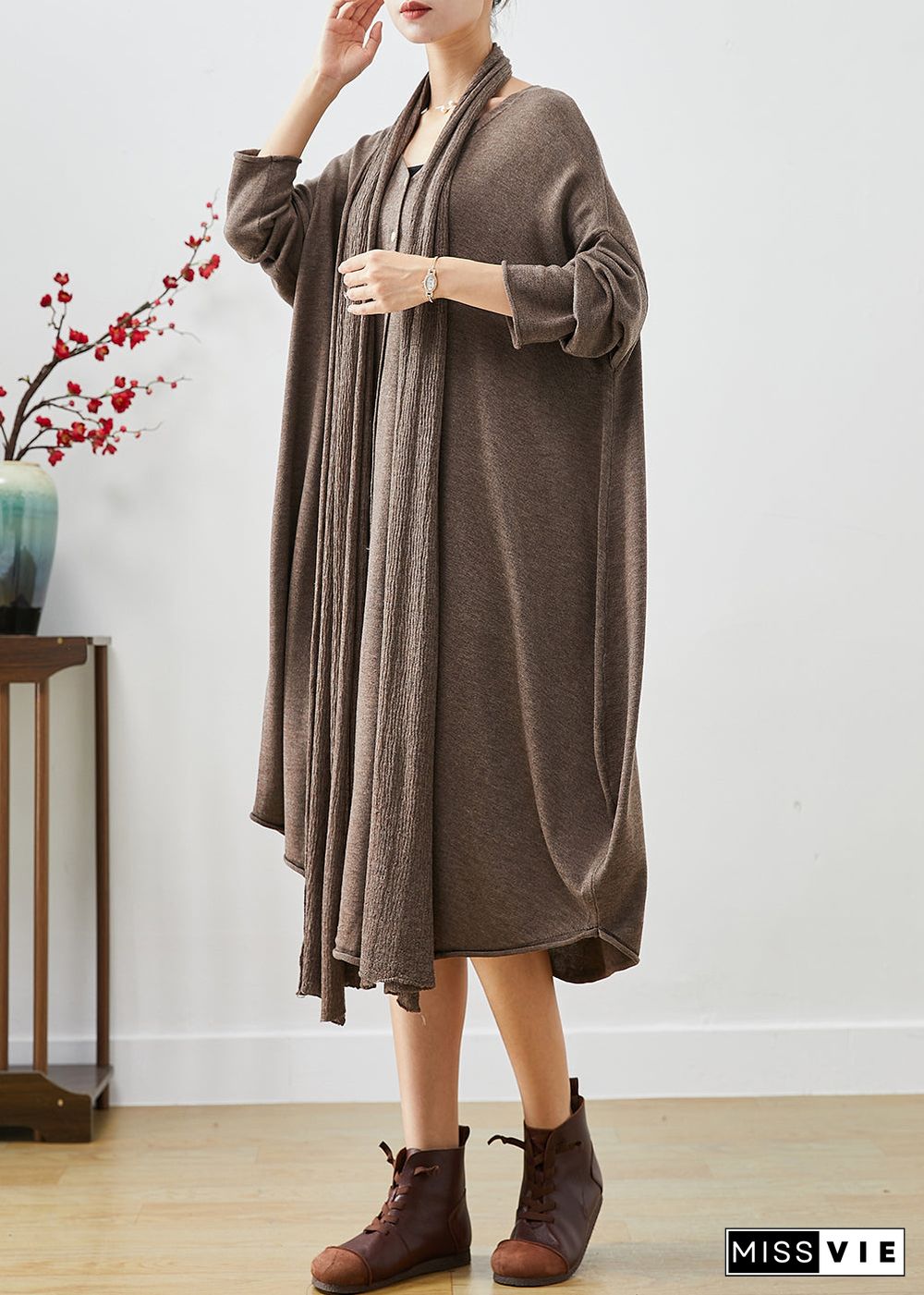 Coffee Loose Knit Maxi Dresses Button Down Complimentary Scarf Fall