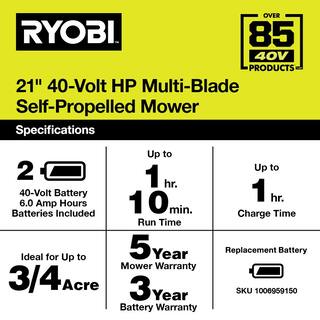 RYOBI 40V HP Brushless 21 in. Cordless Battery Walk Behind Dual-Blade Self-Propelled Mower with (2) 6.0 Ah Batteries  Charger RY401150