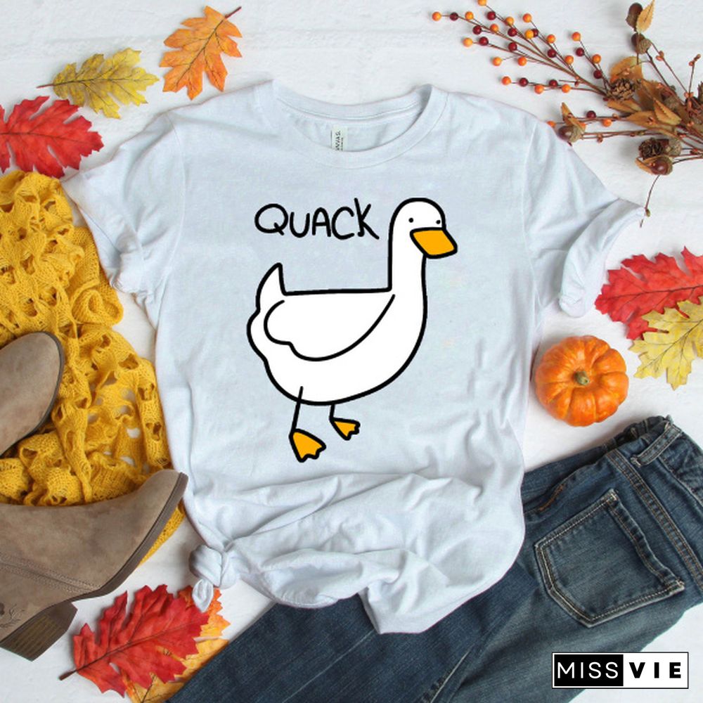 Cute Duck Quack Print T-shirts For Women Summer Lovely Short Sleeve Casual T-shirts Funny Ladies Round Neck Tops