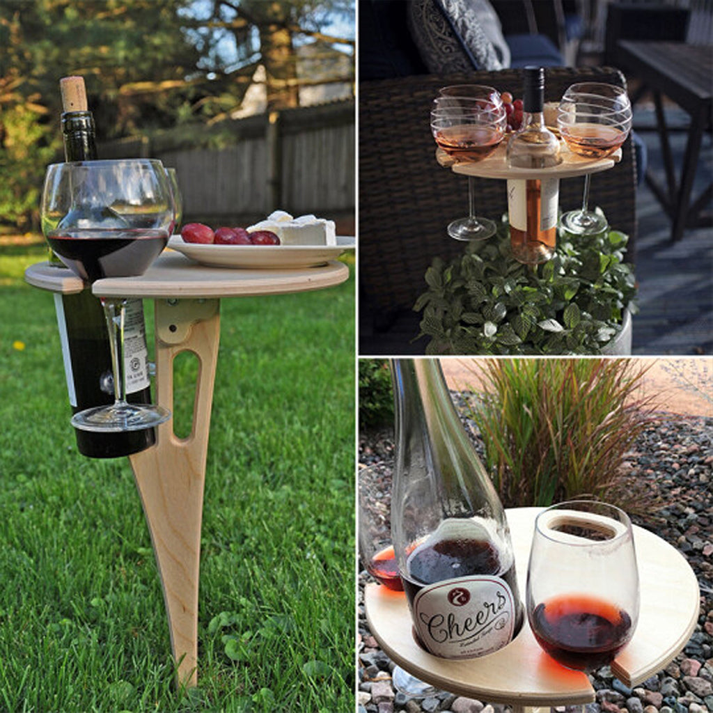 TINYSOME Outdoor Wine Table Foldable Round Desktop Mini Wooden Picnic Table Glass Rack