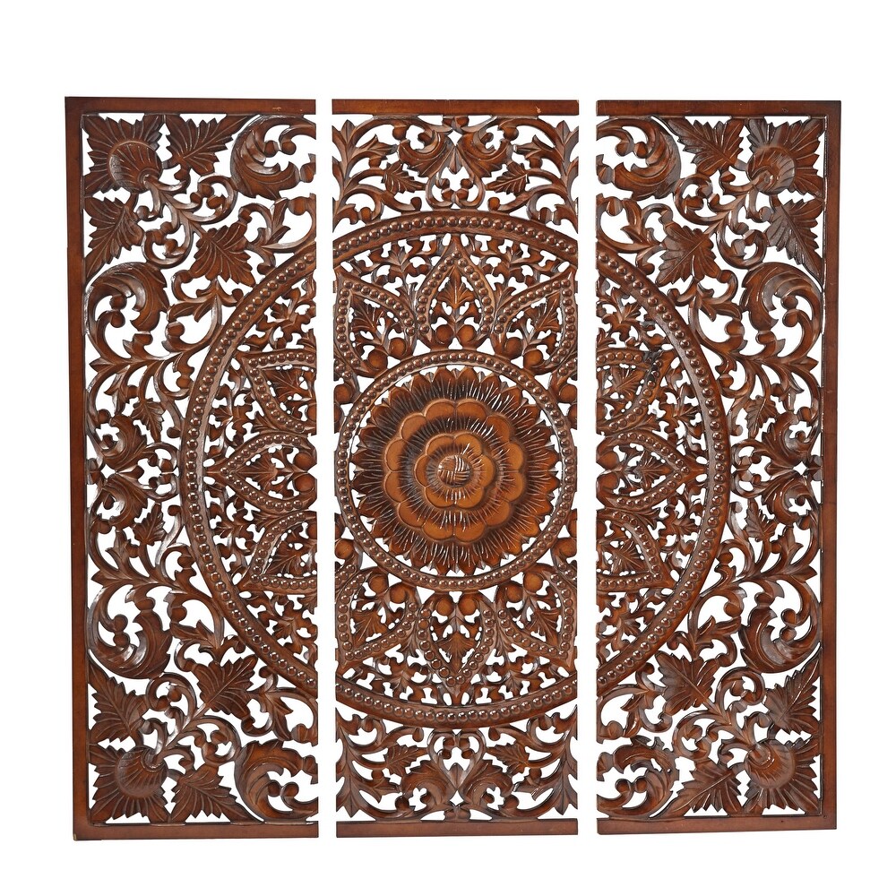 Wood Bohemian Carved Floral Wall Decor ( Set of 3)