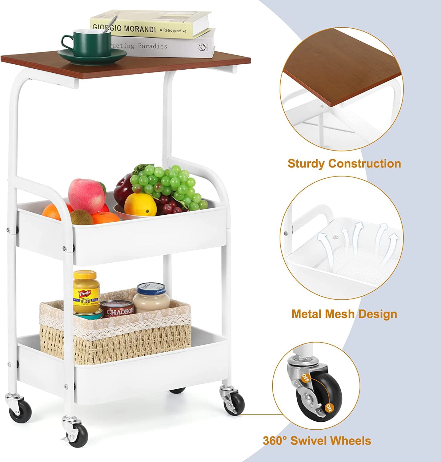 Kitchen Rolling Storage Cart， 3-Tier Slim Storage Cart with Wheels， Mobile Utility Cart with Wooden Tabletop， White