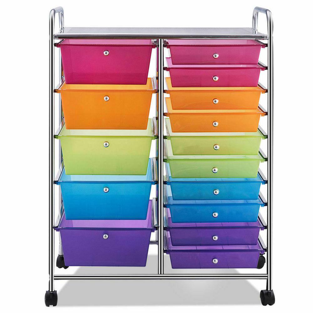 Costway 15 Drawer 4-Wheeled Plastic Rolling Storage Cart Tools Scrapbook Paper Office School Organizer in Colorful HW53825