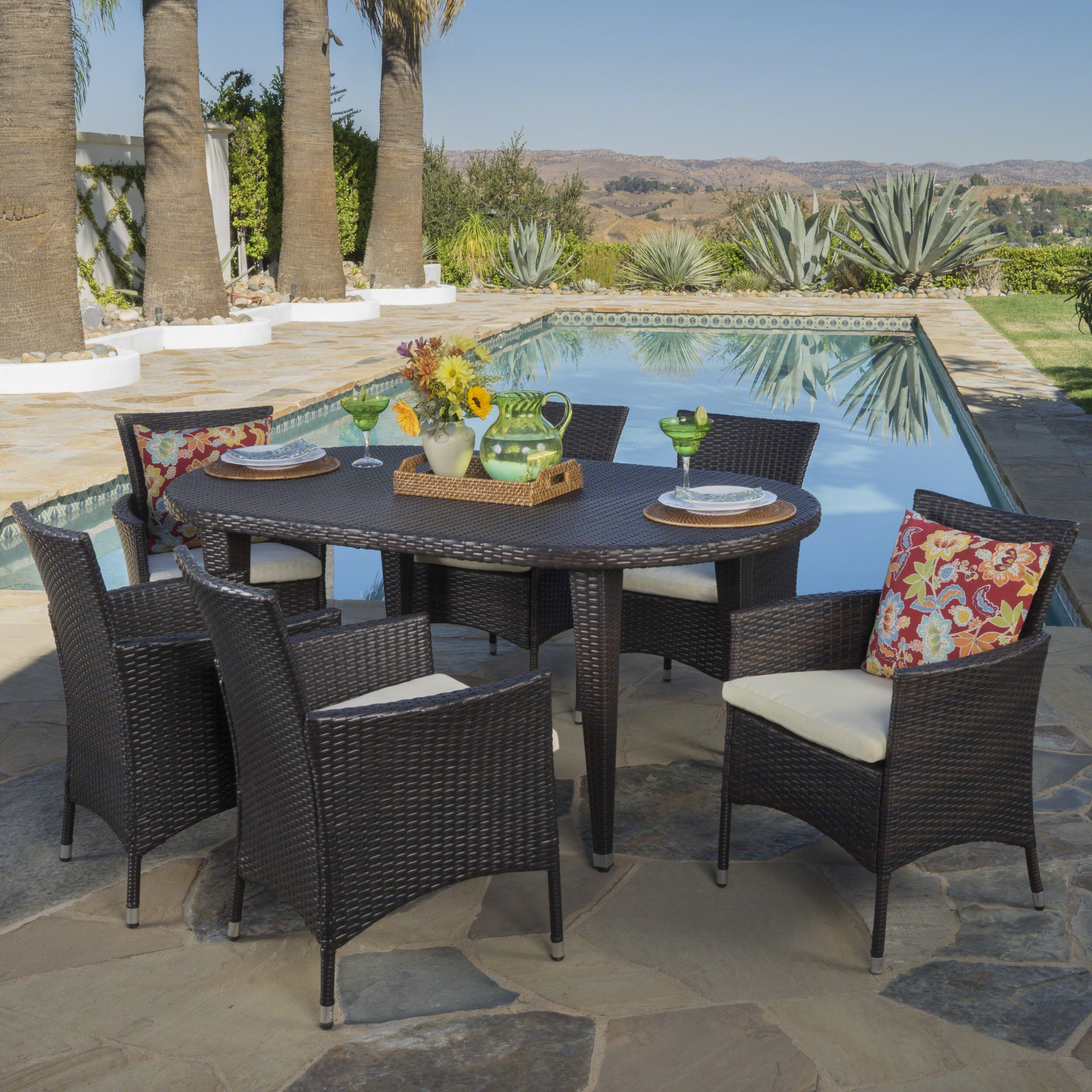 Vinne Outdoor 7 Piece Multi-brown Wicker Oval Dining Set