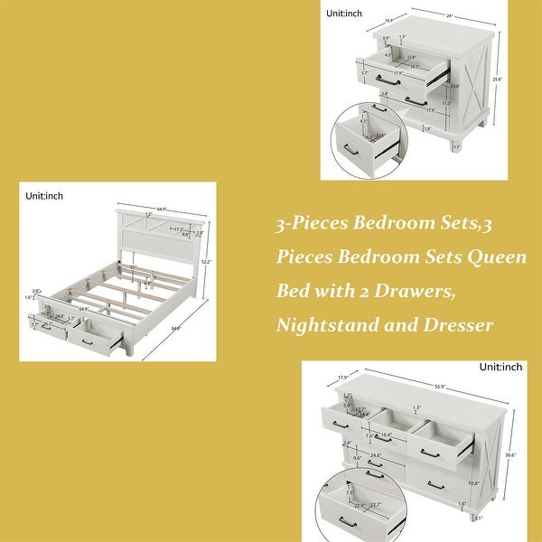 3 Pieces Bedroom Sets Queen Bed - - 37952375