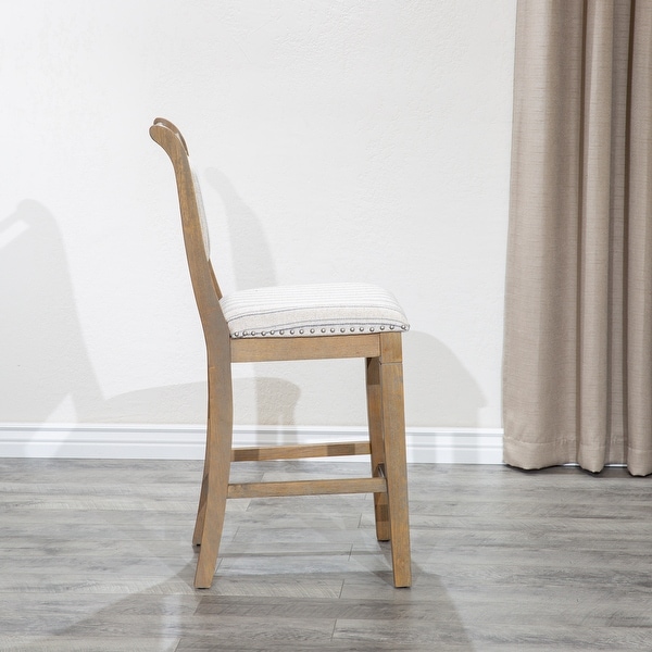 Counter Dining Chair， Rustic Gray Finish， Gray Stripe Fabric Seat