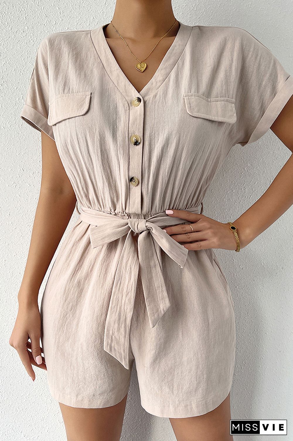 V-neck Short Sleeve Tie Waist Shorts Romper Wholesale