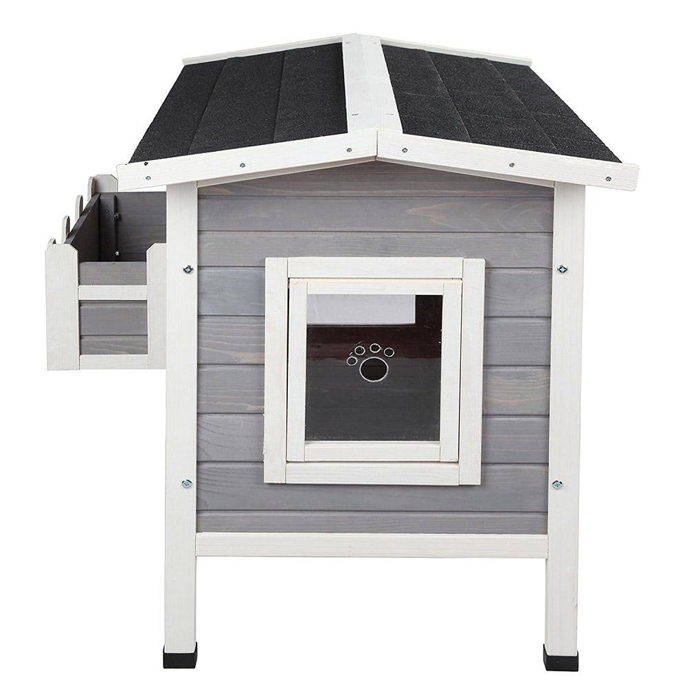 Grey Solid Wood Cat House Larger Design for 3 Adult Outdoor Cats Weatherproof CATTHHHHOUS-1