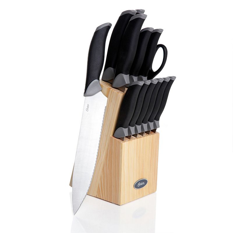 Oster Cocina Lingbergh 14 Piece Stainless Steel Cutlery Knife Set with Pine Wood Block