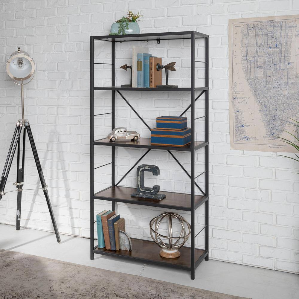 Walker Edison Furniture Company 63 in. Dark WalnutBlack Metal 4-shelf Etagere Bookcase with Open Back HDS60RMWDW