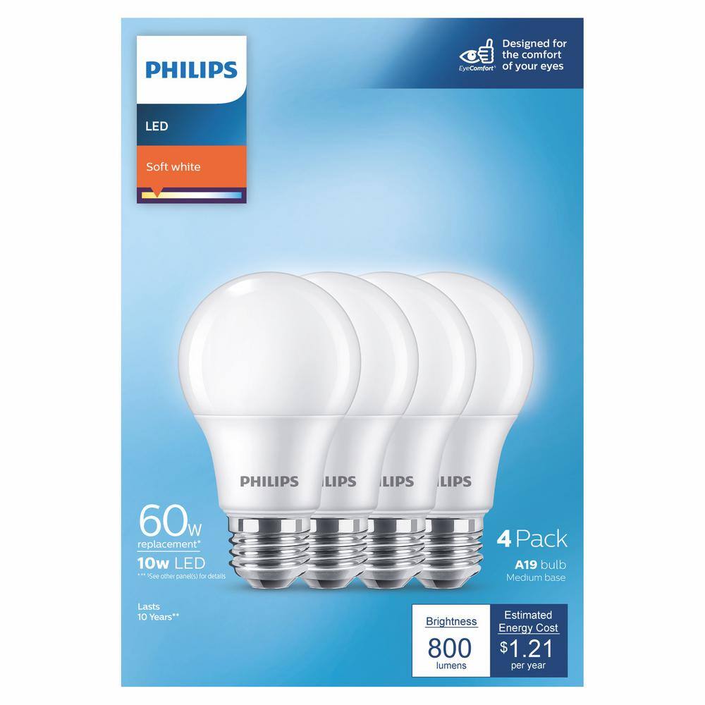 Philips 60-Watt Equivalent A19 Non-Dimmable E26 LED Light Bulb Soft White 2700K (4-Pack) 565457