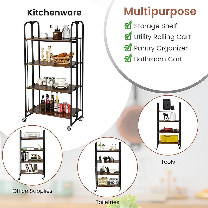 Foldable Rolling Cart with Storage Shelves for Kitchen-4 Tier