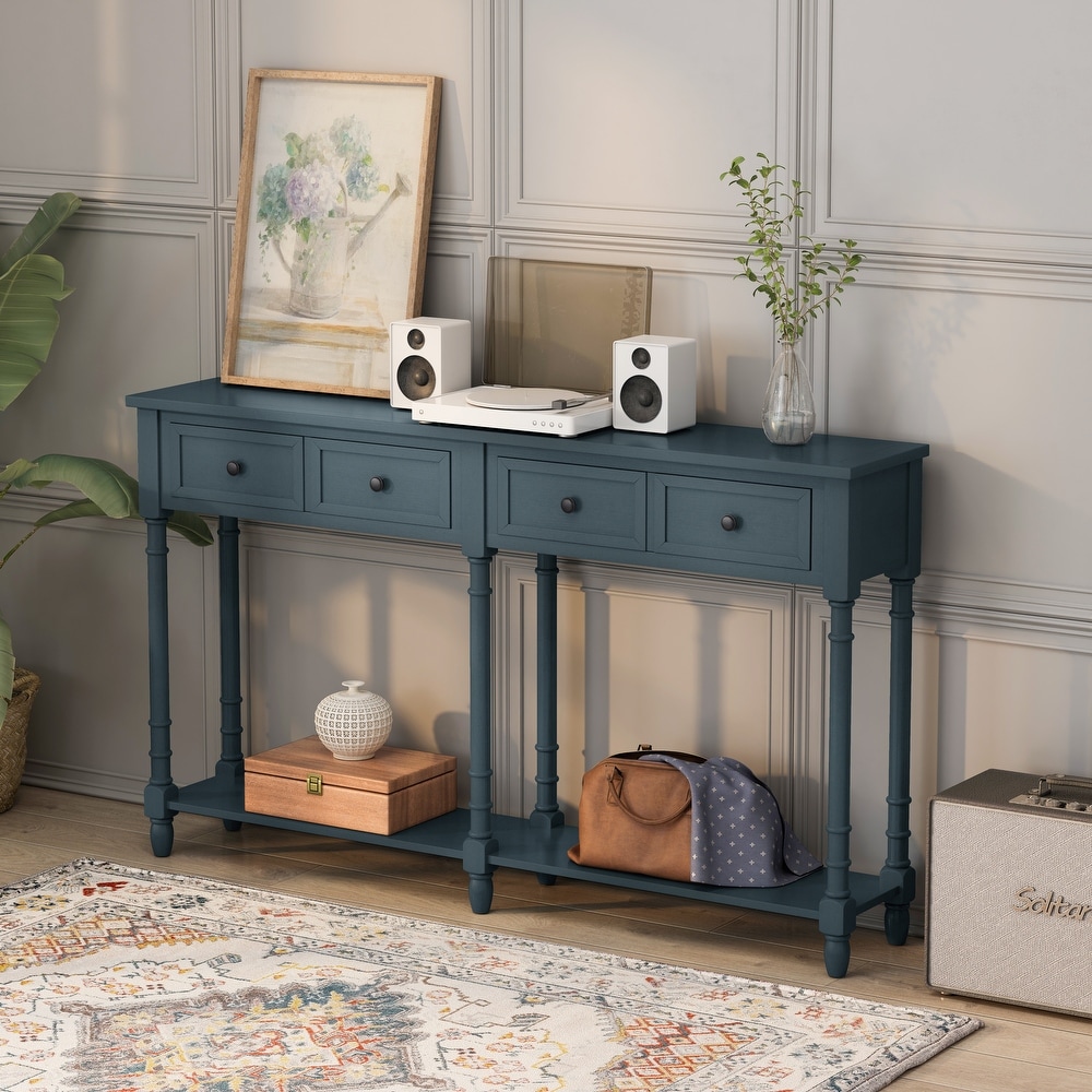 Console Table Easy Assembly with Two Storage Drawers and Bottom Shelf for Living Room