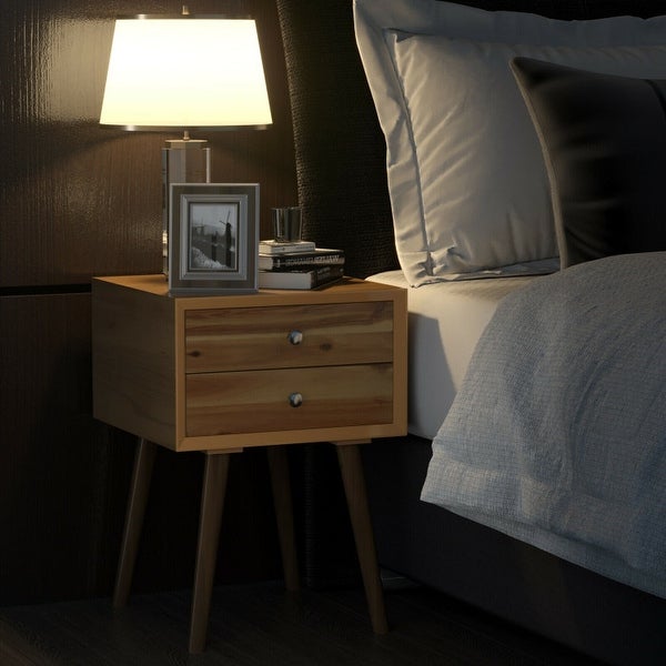 Wooden Nightstand Mid-Century End Side Table with 2 Storage Drawers-Natural - 16