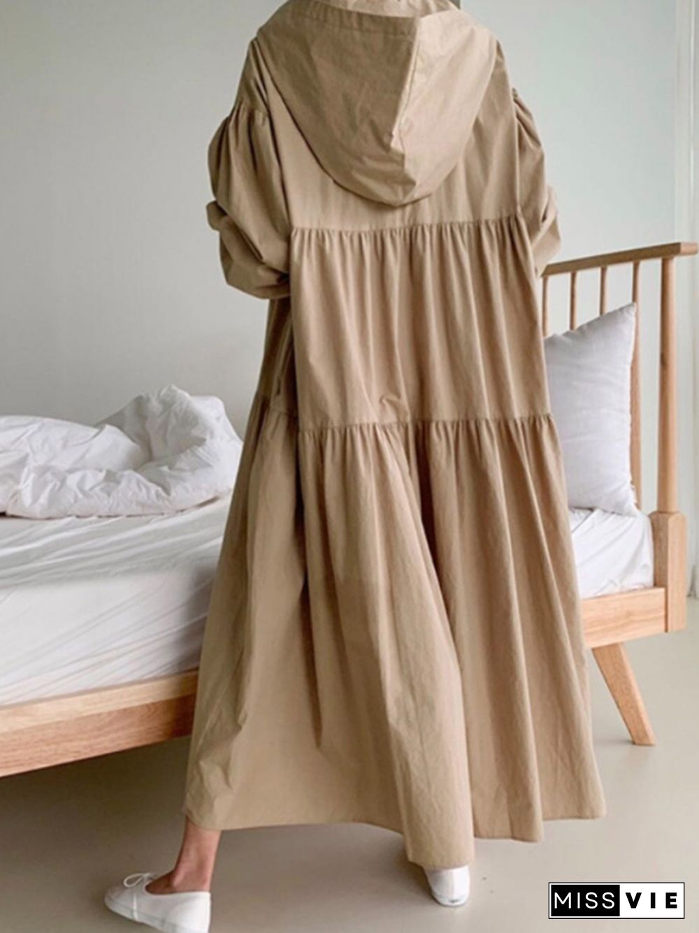 Urban Solid Color Pleated Long Sleeves Hooded Midi Dress