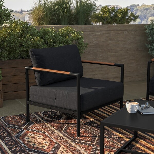 Metal Frame Patio Chair with Teak Arm Accents and Plush Cushions