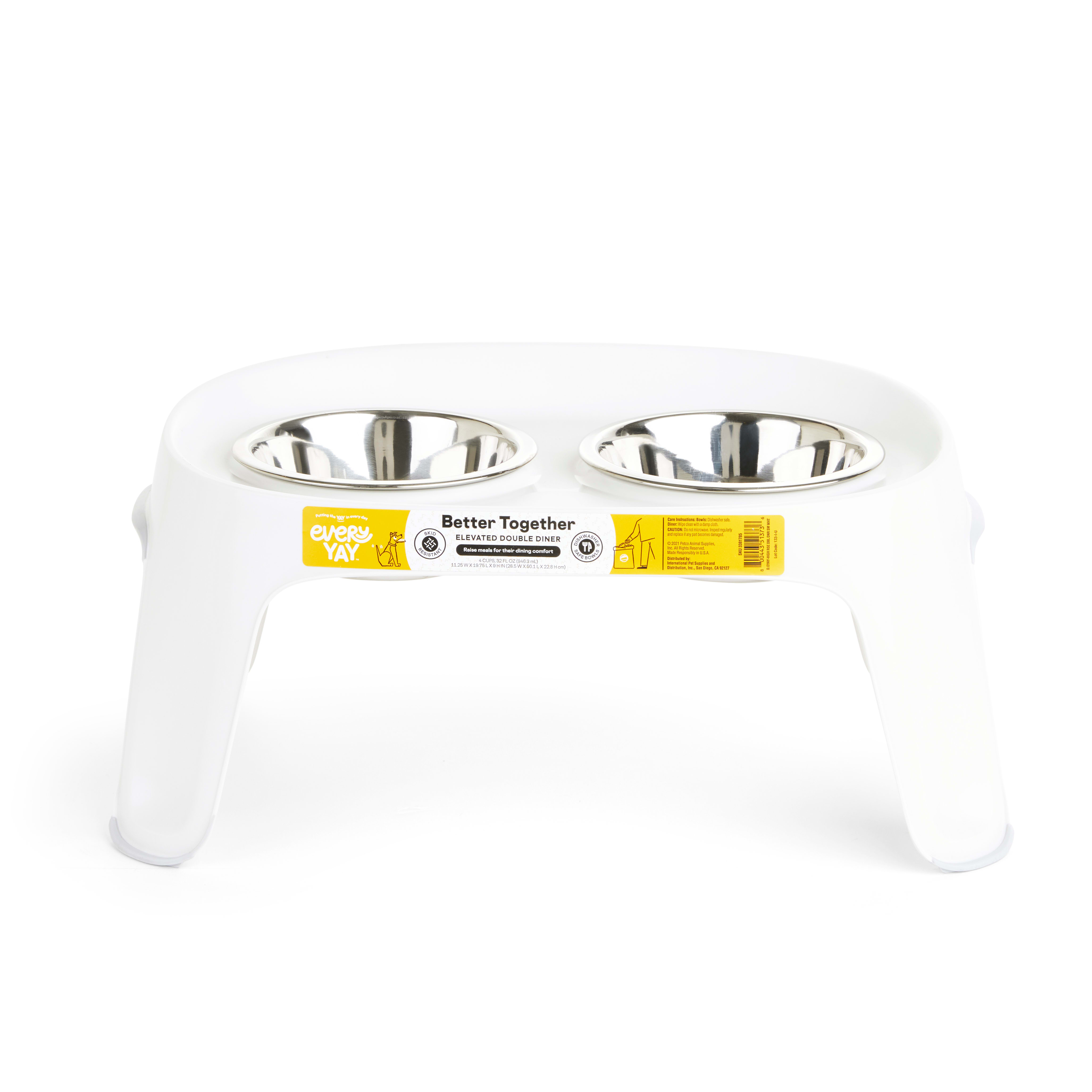 EVERYYAY Essentials Better Together White Elevated Double Diner Dog Feeder， 4 Cups