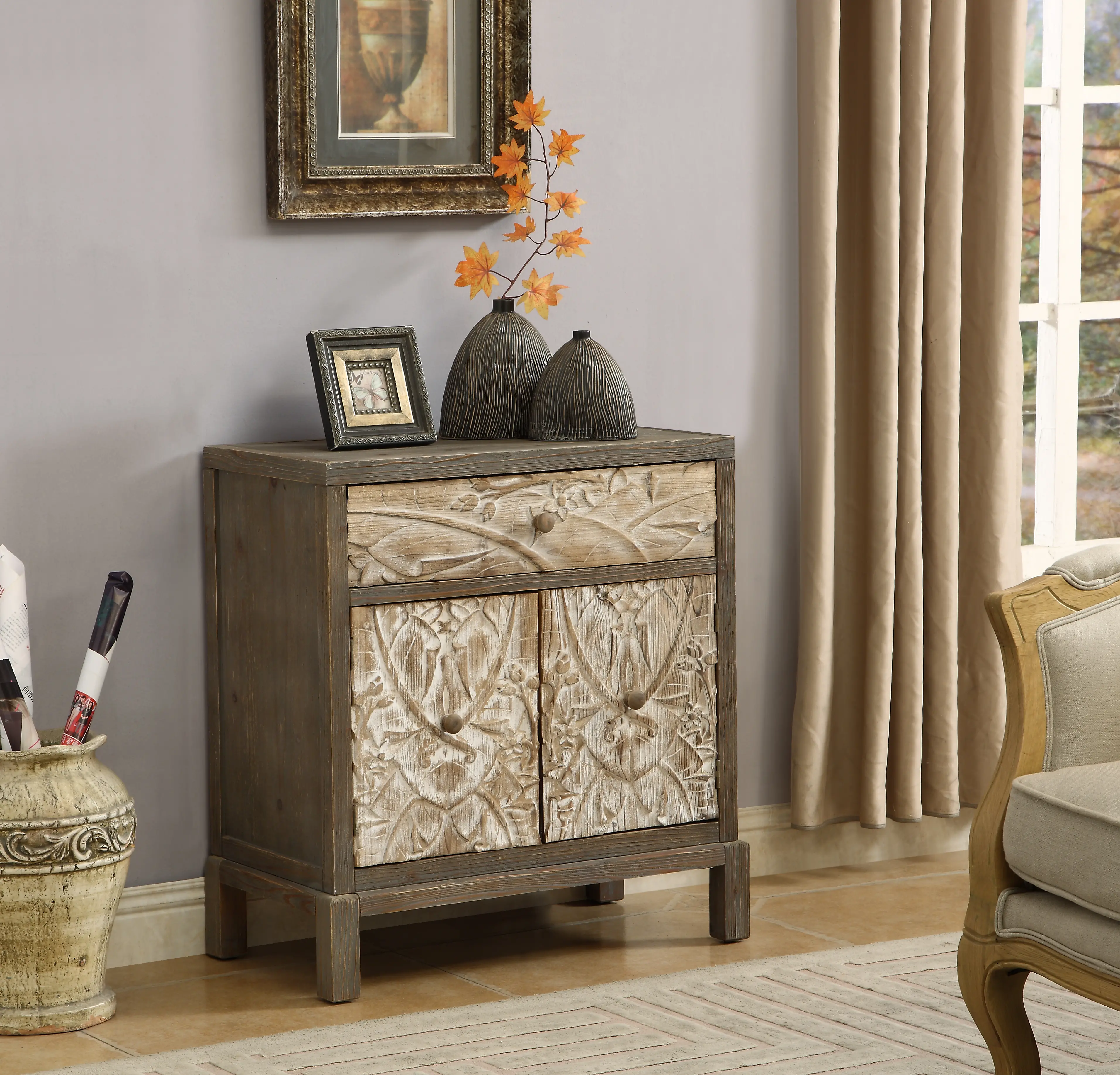 Two Tone Natural and Brown Two Door Storage Accent Cabinet