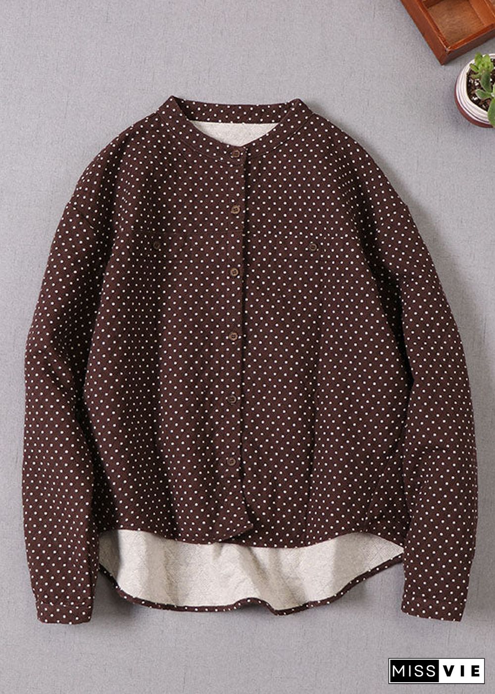 Natural Chocolate low high design Dot Cotton Shirts Winter