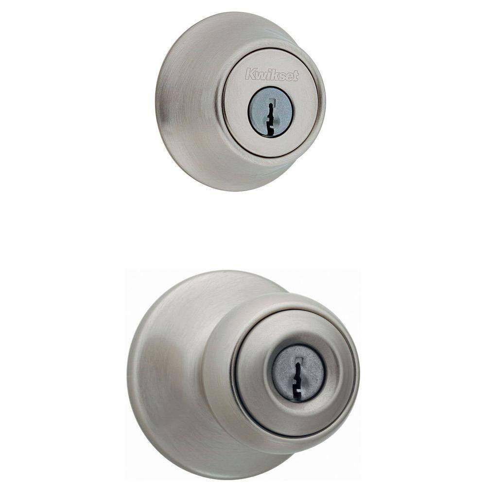 Kwikset Polo Satin Nickel Entry Door Knob and Single Cylinder Deadbolt Combo Pack with Microban Antimicrobial Technology 690P 15 CP