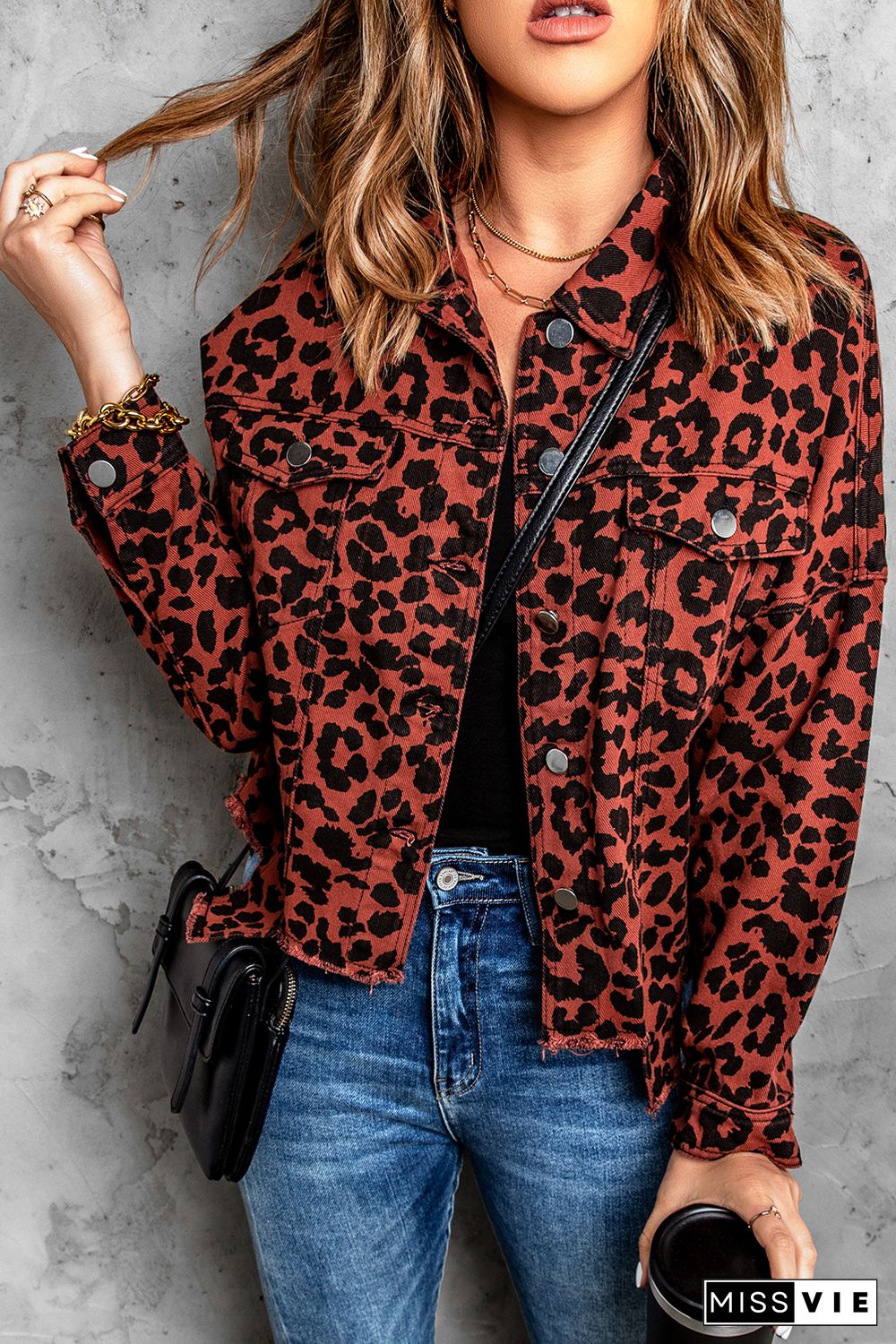 Brown Leopard Print Raw Hem Buttoned Cropped Jacket