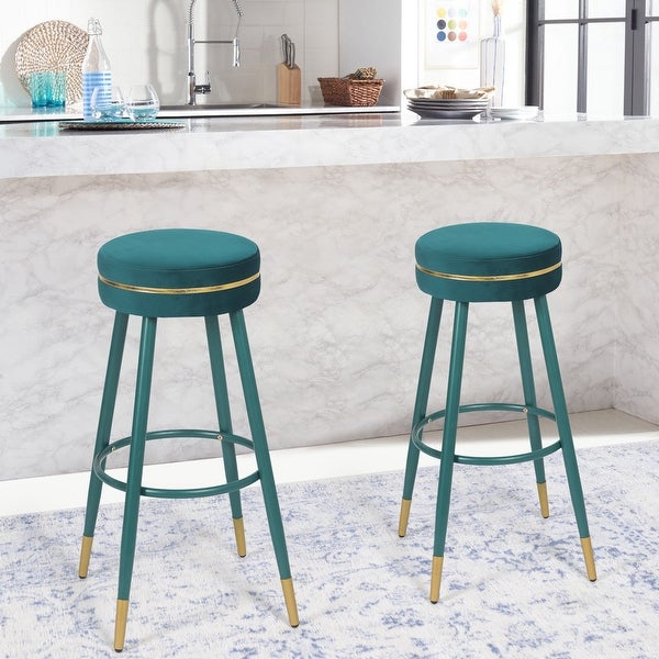 Adeco Velvet Bar Stools， Set of 2 Round Upholstered Breakfast Stools Footrest - 20.5