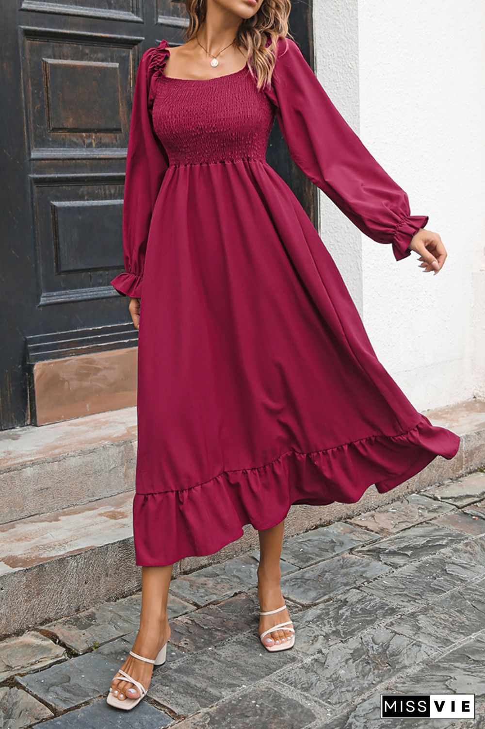 Smocked Square Neck Ruffles Maxi Dress