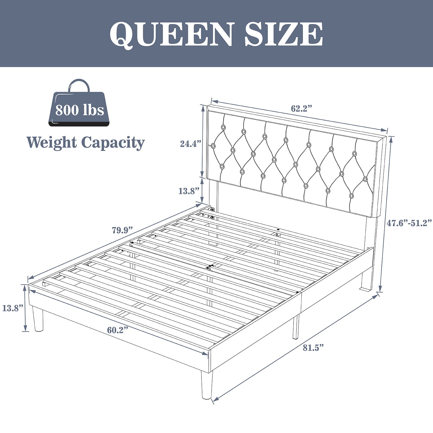 Allewie Queen Size Fabric Upholstered Button Tufted Platform Bed, Dark Grey