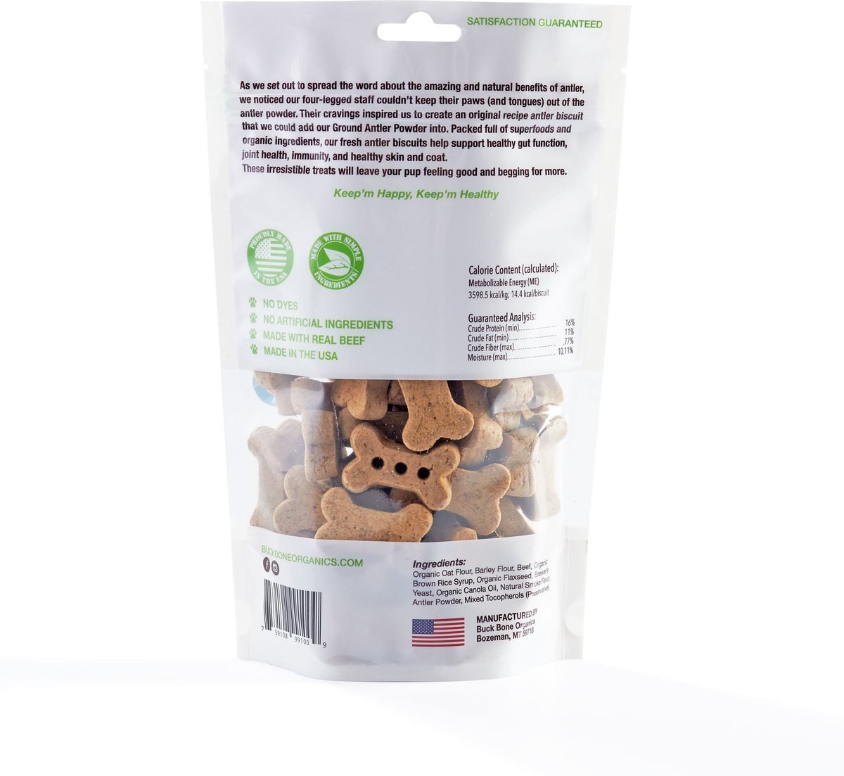 Buck Bone Organics Medium Antler Biscuits Dog Treats， 16-oz bag