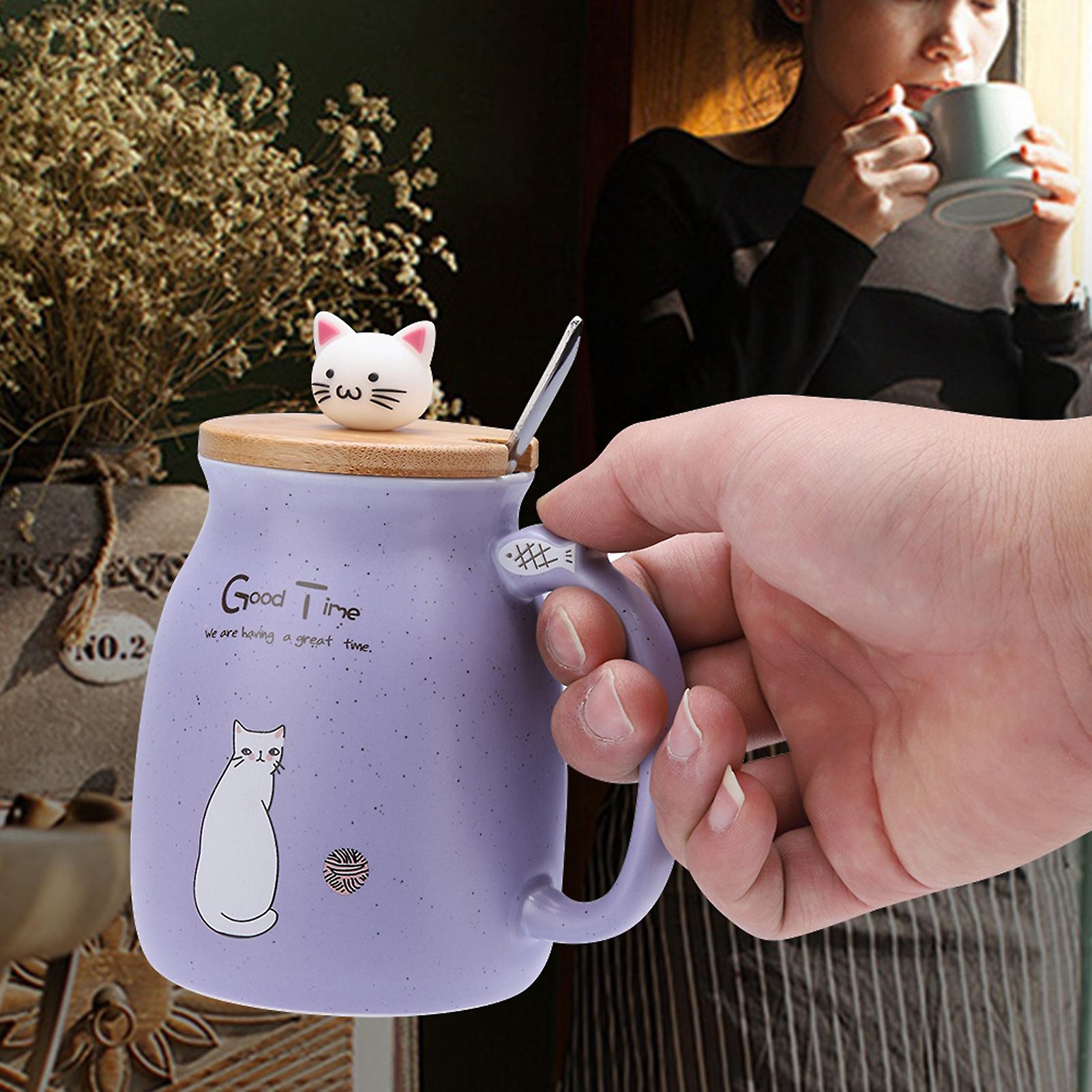 1pc Lovely Cat Ceramic Cup With Spoon And Lid  Coffee Water Milk Mug For Drinkware Gift(purple)