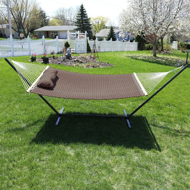 Sunnydaze 2 person Quilted Double Hammock With Spreader Bars With Freestanding Stand 400 Lb Weight Capacity 12 x27 Stand