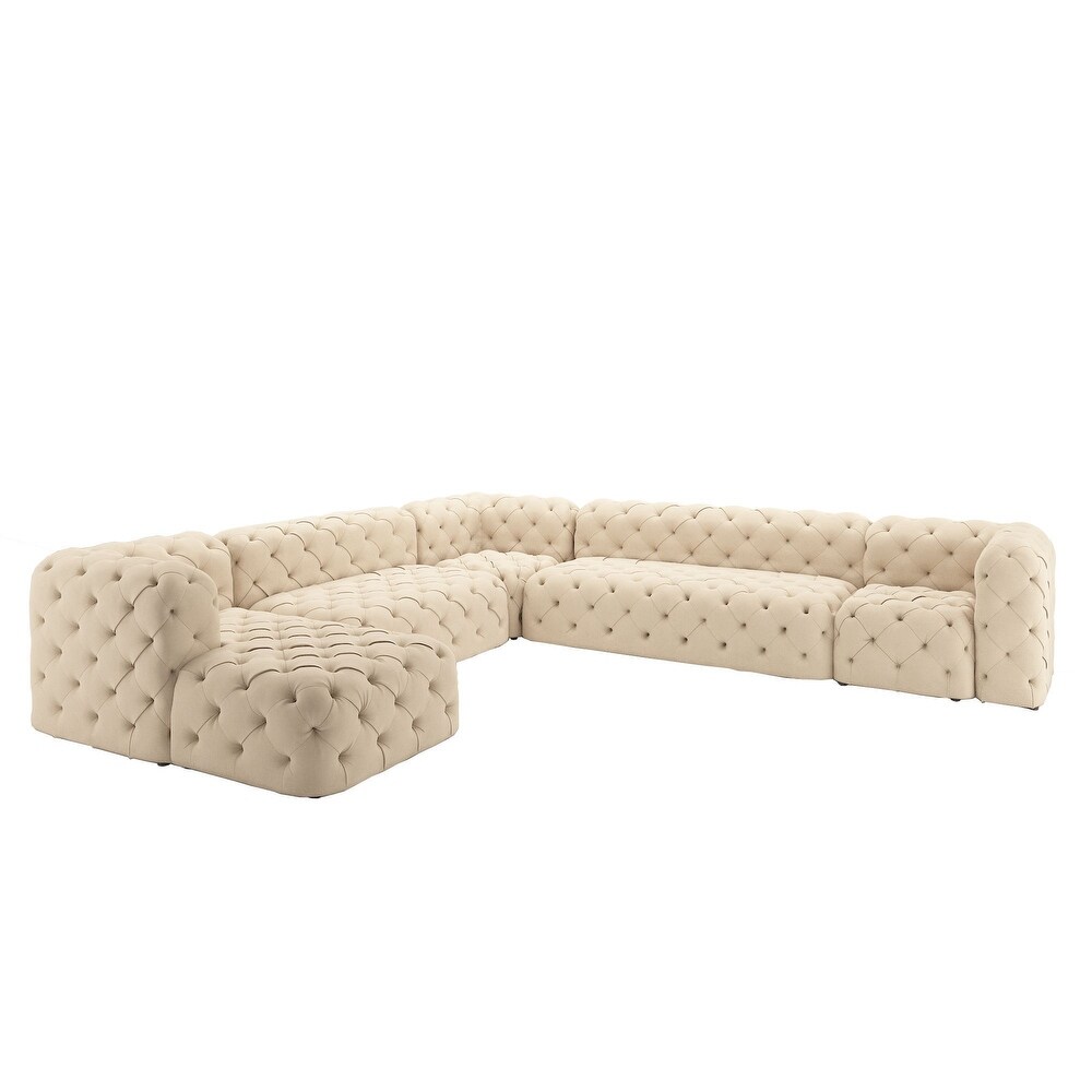 Knightsbridge II Beige Linen Tufted Chesterfield Modular U Shape with Chaise Sectional by iNSPIRE Q Artisan