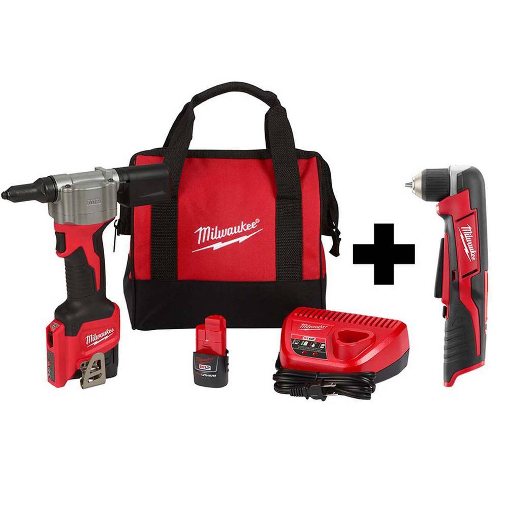 MW M12 12-Volt Lithium-Ion Cordless Rivet Tool Kit with Free M12 Right Angle Drill 2550-22-2415-20