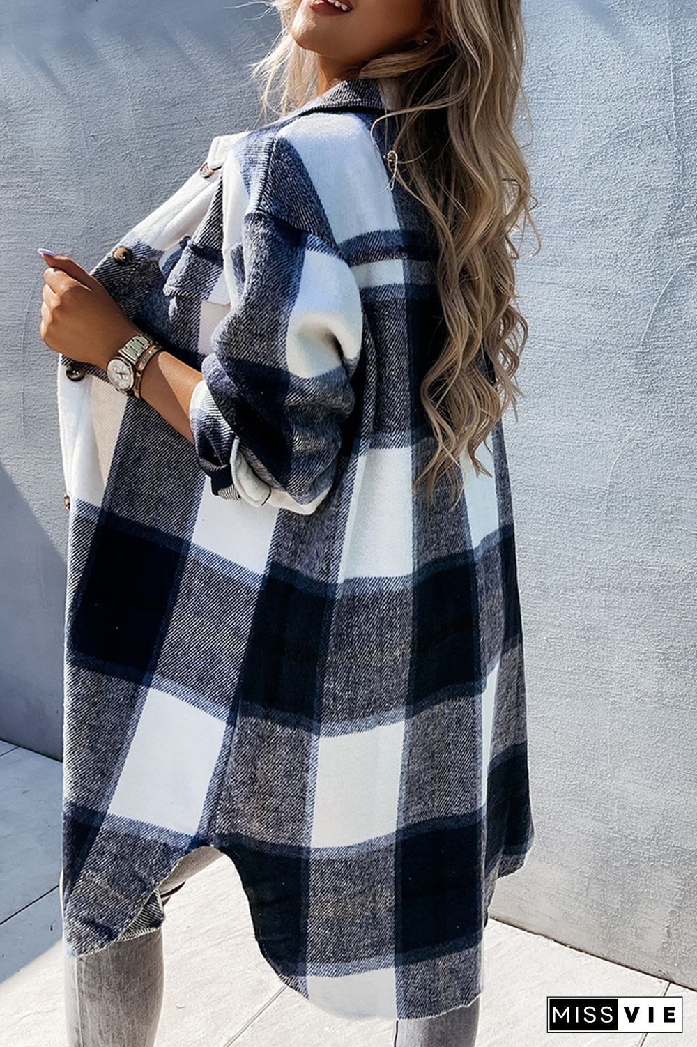 Open Button Pockets Plaid Long Length Jacket